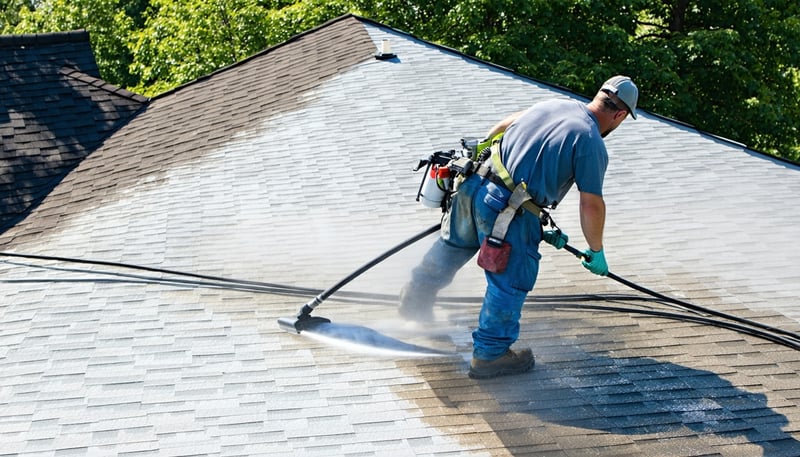 Professional applying Seal Squad's roof rejuvenation spray to a residential roof Professional applying Seal Squad's roof rejuvenation spray to a residential roof