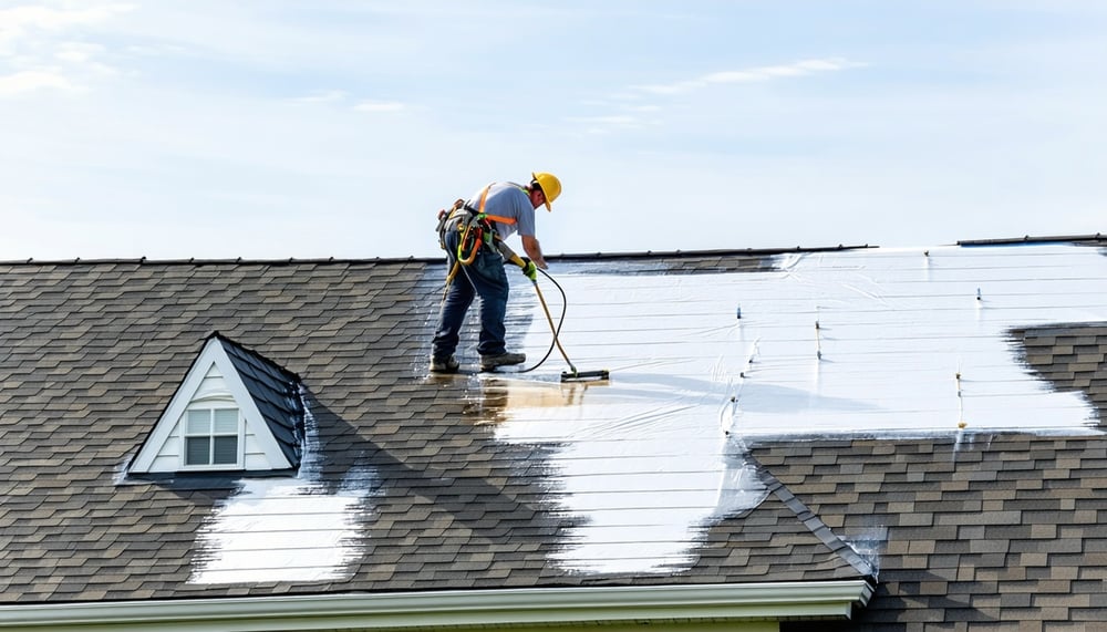 Technician applying protective coating to a residential roof Technician applying protective coating to a residential roof